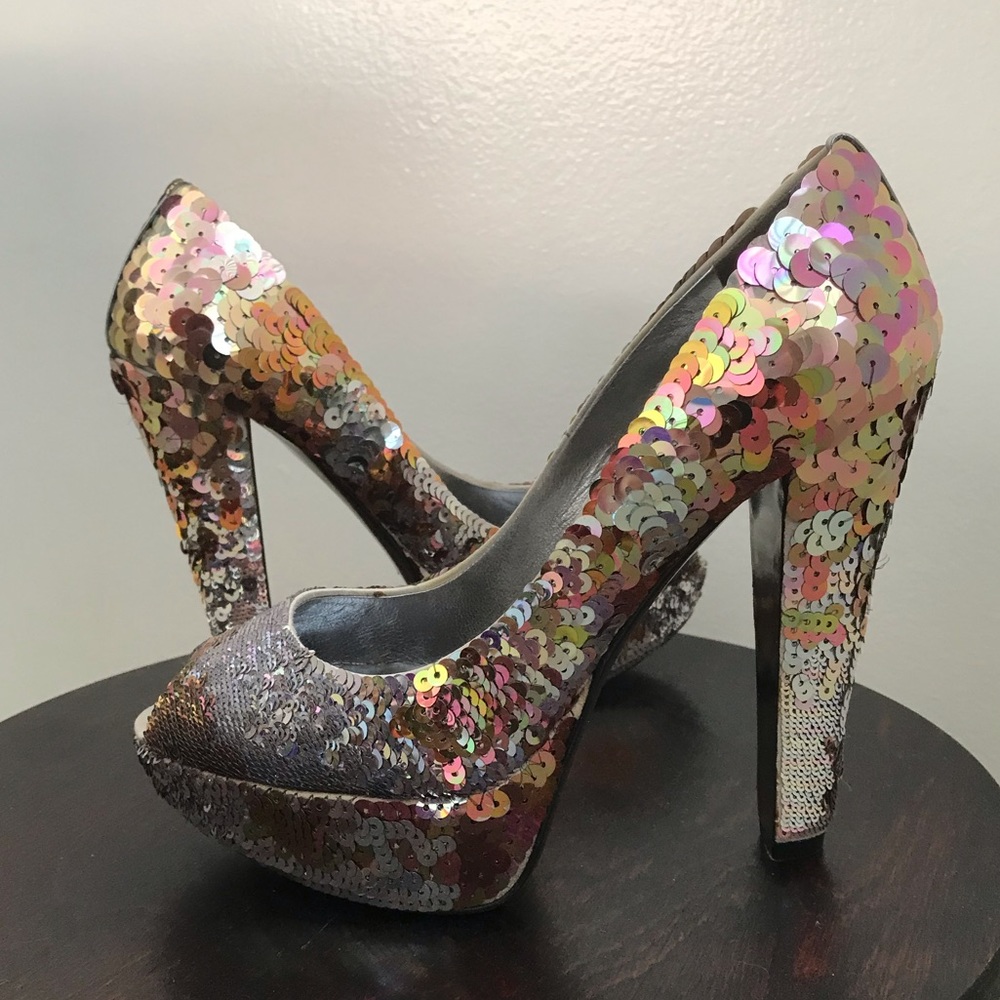 Miu Miu silver/ bronze sequin platform heels
